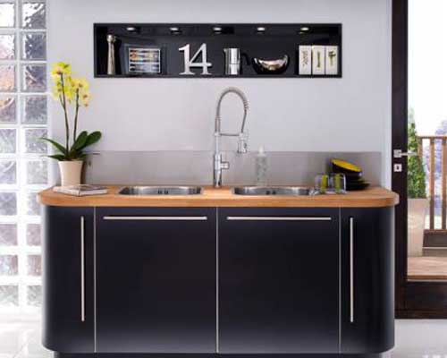 Curved Base Units and Plinth with Single Square Bowl Sink and Lamona Chrome Professional Style Lever Action Tap
